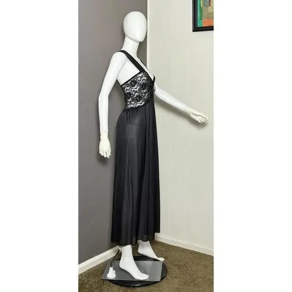 1970's Black Lacy Nightgown Keyhole Neck Full Sweep size L-XL - Picture 3 of 10